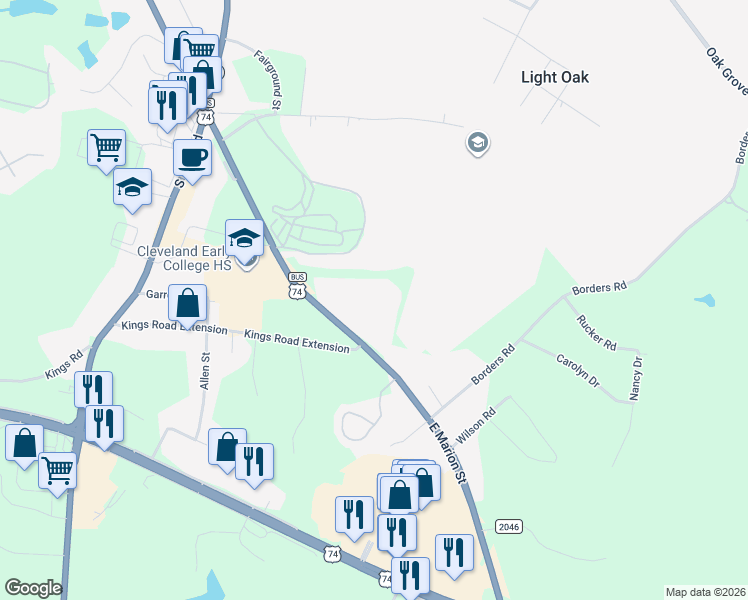 map of restaurants, bars, coffee shops, grocery stores, and more near 1829 East Marion Street in Shelby