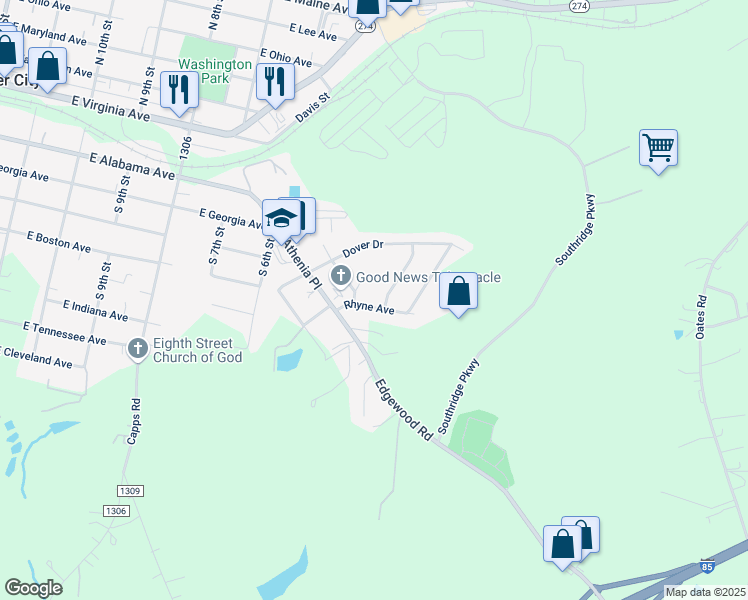 map of restaurants, bars, coffee shops, grocery stores, and more near 128 Terrace Drive in Bessemer City