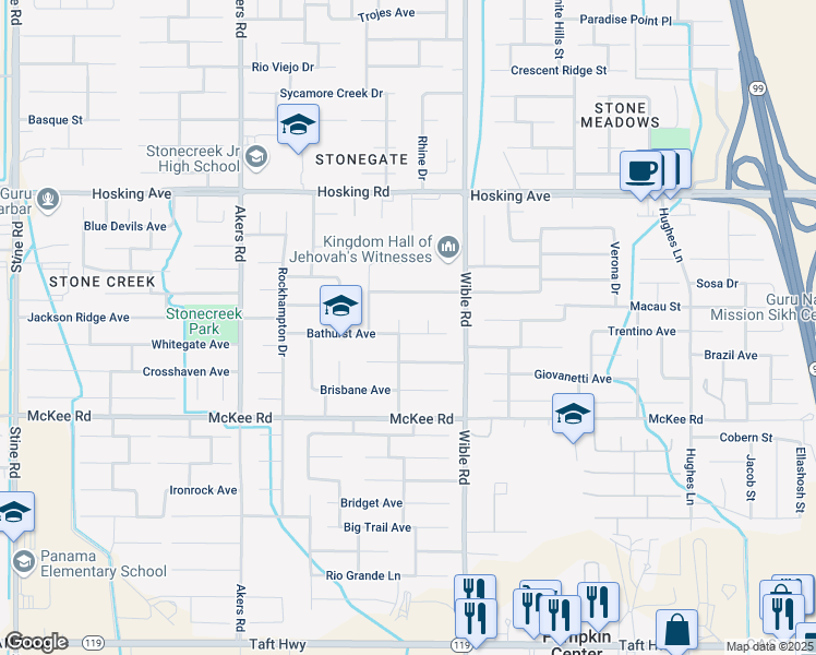 map of restaurants, bars, coffee shops, grocery stores, and more near 8512 Landsdowne Street in Bakersfield