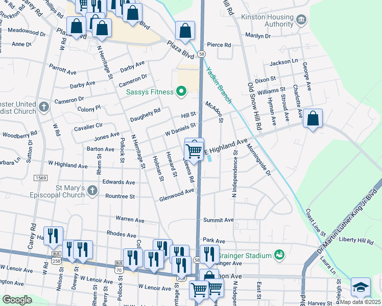 map of restaurants, bars, coffee shops, grocery stores, and more near 103 West Highland Avenue in Kinston