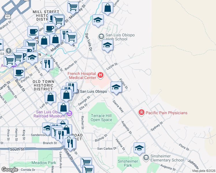 map of restaurants, bars, coffee shops, grocery stores, and more near 1304 Ella Street in San Luis Obispo