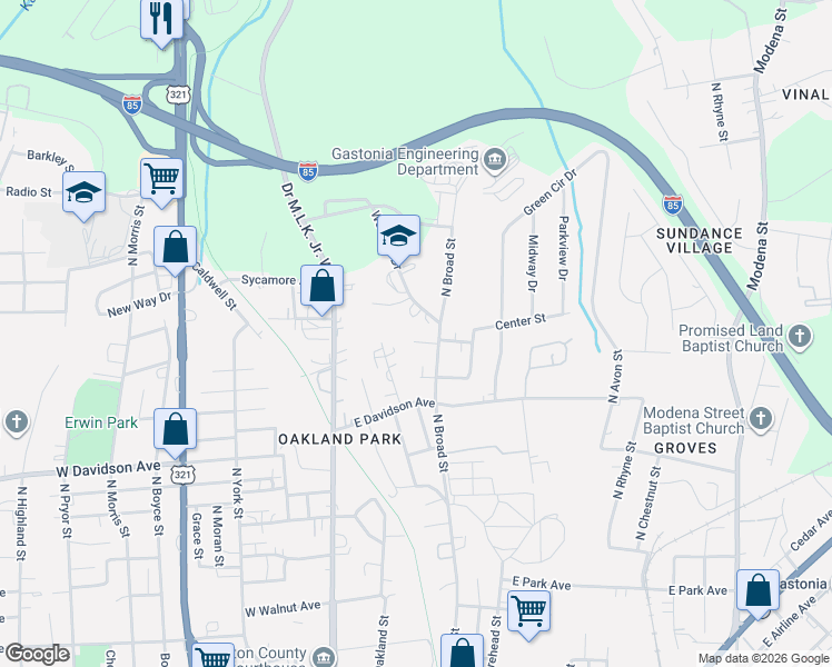 map of restaurants, bars, coffee shops, grocery stores, and more near 204 Meadow Drive in Gastonia