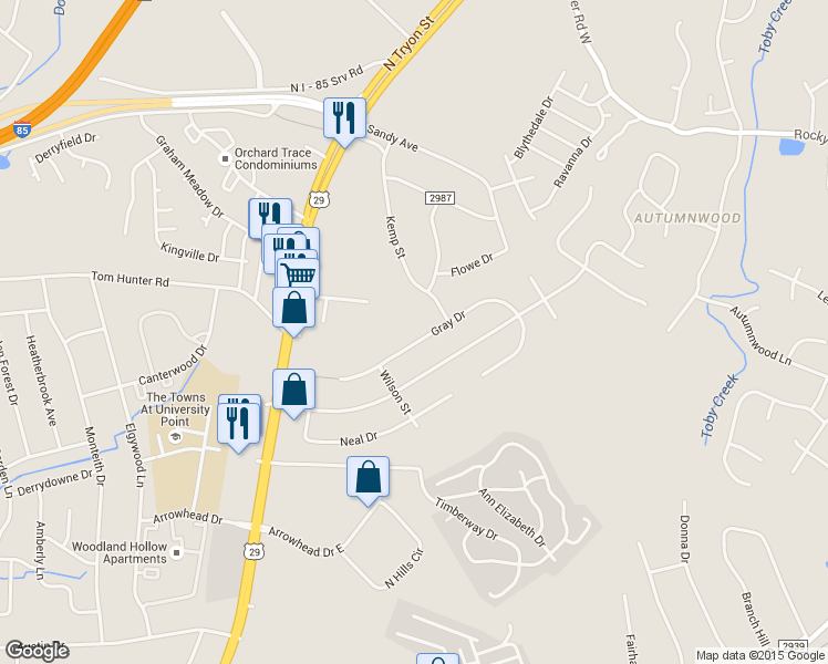 map of restaurants, bars, coffee shops, grocery stores, and more near 431 Gray Drive in Charlotte