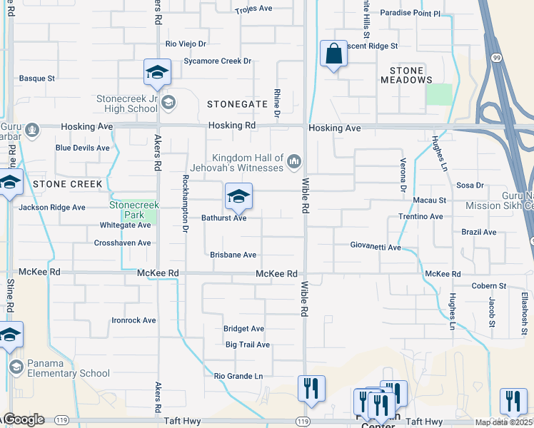 map of restaurants, bars, coffee shops, grocery stores, and more near 8512 Landsdowne Street in Bakersfield