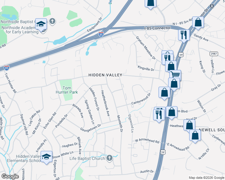 map of restaurants, bars, coffee shops, grocery stores, and more near 6600 Monteith Drive in Charlotte