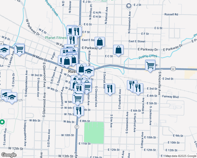 map of restaurants, bars, coffee shops, grocery stores, and more near 303 East 2nd Street in Russellville