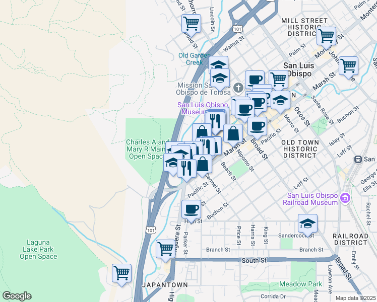 map of restaurants, bars, coffee shops, grocery stores, and more near 421 Dana Street in San Luis Obispo