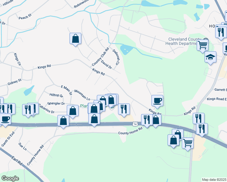 map of restaurants, bars, coffee shops, grocery stores, and more near 1911 Carpenter Street in Shelby