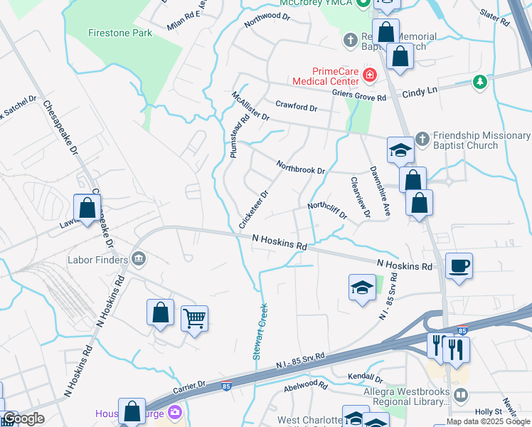 map of restaurants, bars, coffee shops, grocery stores, and more near 1513 Northcliff Drive in Charlotte