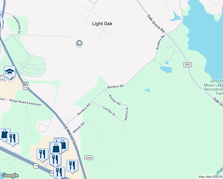 map of restaurants, bars, coffee shops, grocery stores, and more near 402 Borders Rd in Shelby