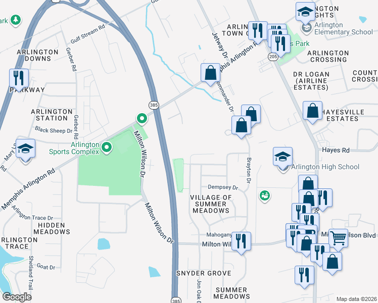 map of restaurants, bars, coffee shops, grocery stores, and more near 11544 Milton Ridge Cove in Arlington