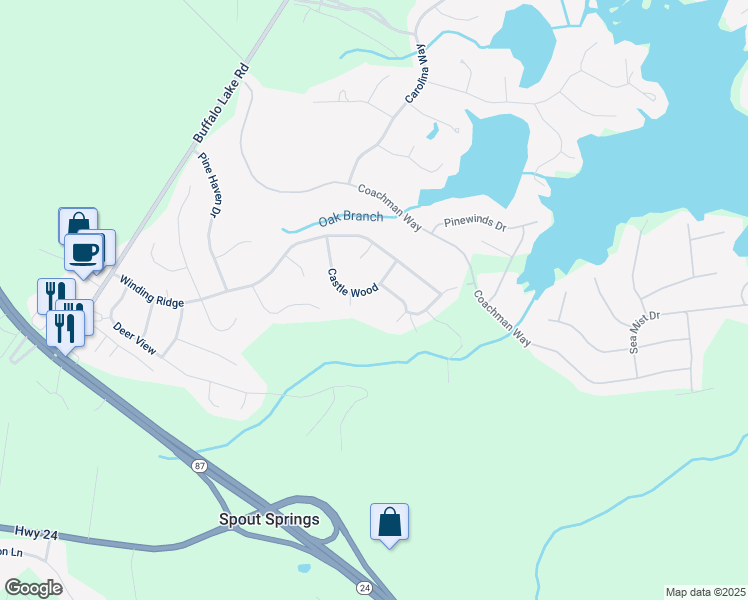 map of restaurants, bars, coffee shops, grocery stores, and more near 166 Castle Wood in Sanford