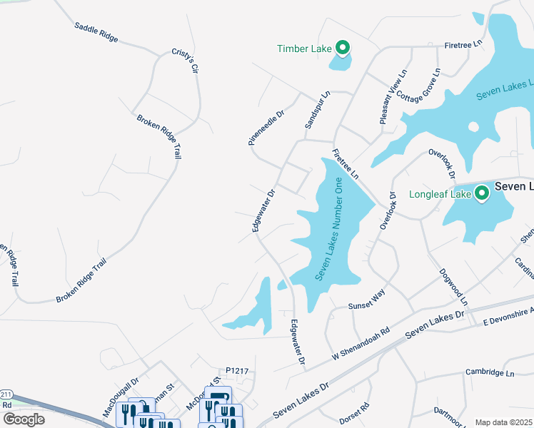map of restaurants, bars, coffee shops, grocery stores, and more near 105 Swan Run Court in Seven Lakes