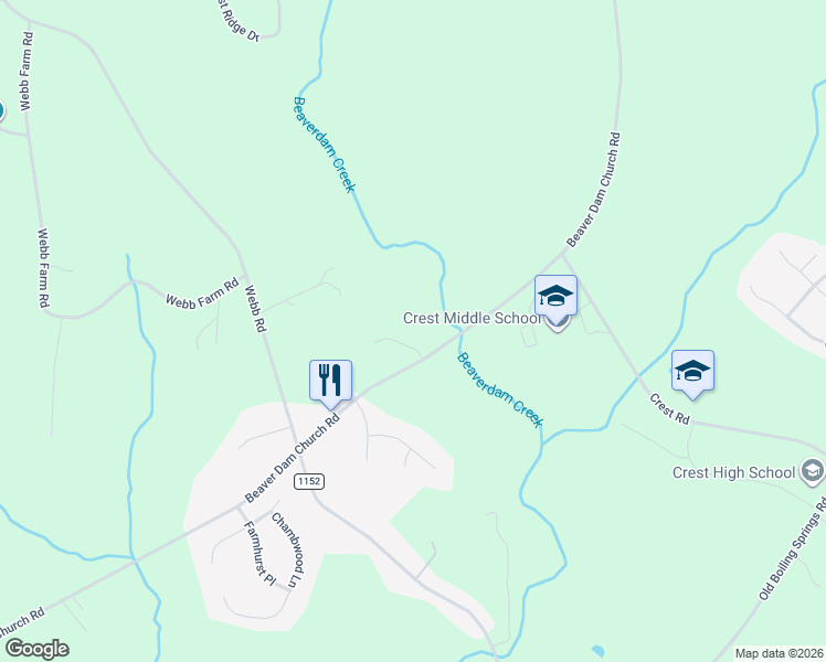 map of restaurants, bars, coffee shops, grocery stores, and more near 332 Beaver Dam Church Road in Shelby
