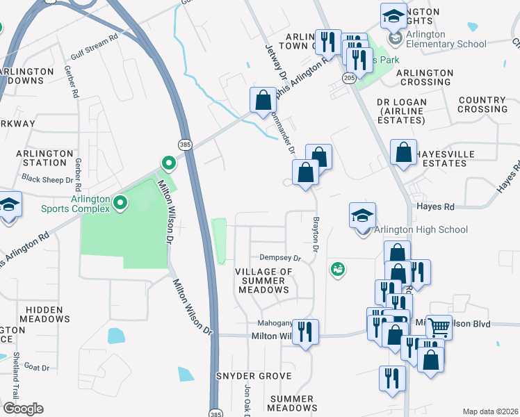map of restaurants, bars, coffee shops, grocery stores, and more near 11590 Milton Ridge Cove in Arlington