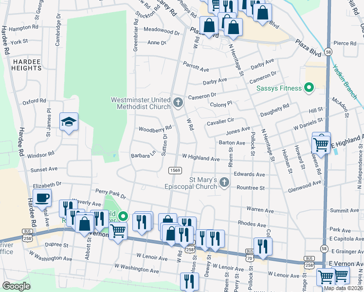 map of restaurants, bars, coffee shops, grocery stores, and more near 1006 Clifton Terrace in Kinston
