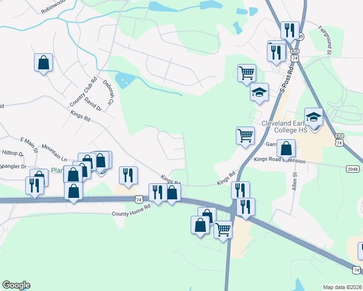 map of restaurants, bars, coffee shops, grocery stores, and more near 100 Plantation Court in Shelby
