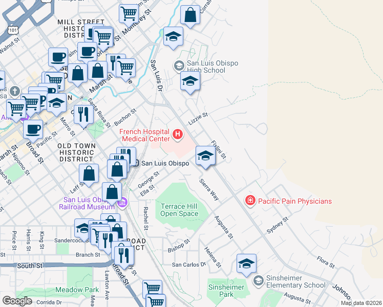 map of restaurants, bars, coffee shops, grocery stores, and more near 1304 Ella Street in San Luis Obispo