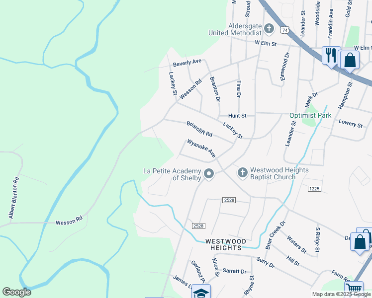 map of restaurants, bars, coffee shops, grocery stores, and more near 1323 Wyanoke Avenue in Shelby