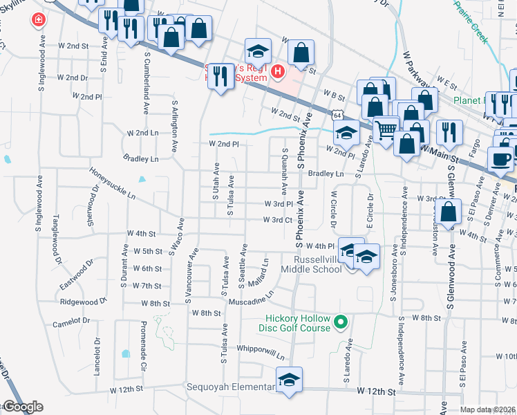 map of restaurants, bars, coffee shops, grocery stores, and more near 1807 West 3rd Place in Russellville