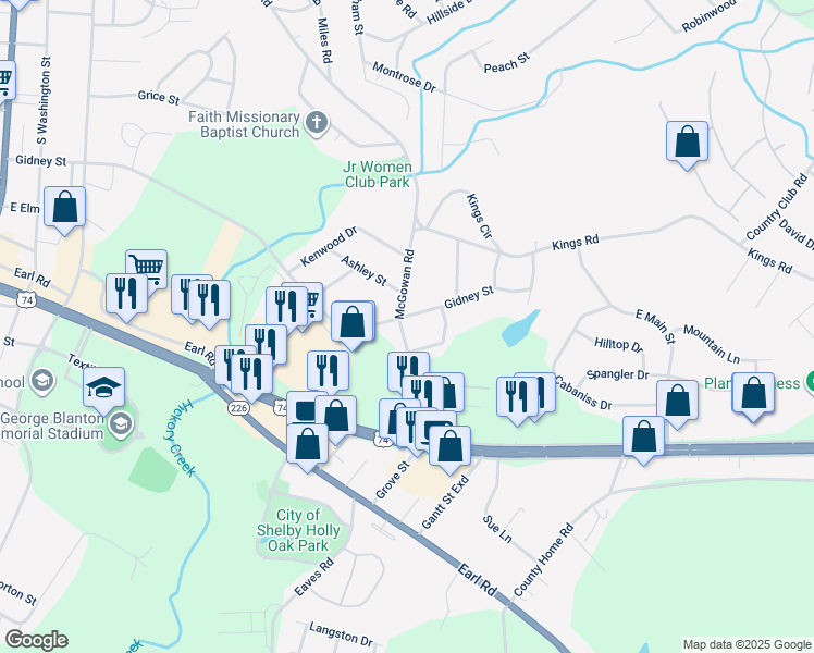 map of restaurants, bars, coffee shops, grocery stores, and more near 1116 Gidney Street in Shelby