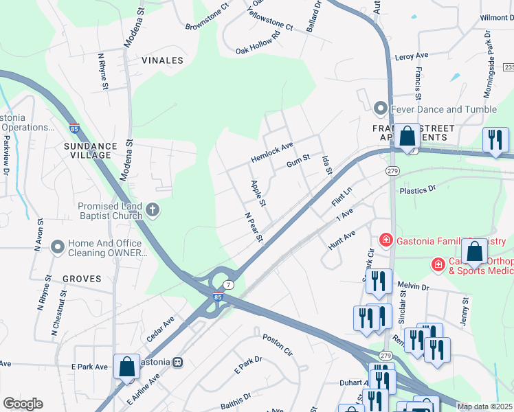 map of restaurants, bars, coffee shops, grocery stores, and more near 411 Apple Street in Gastonia