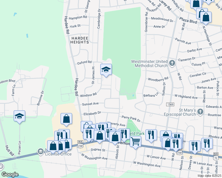 map of restaurants, bars, coffee shops, grocery stores, and more near 1309 Ridge Road in Kinston