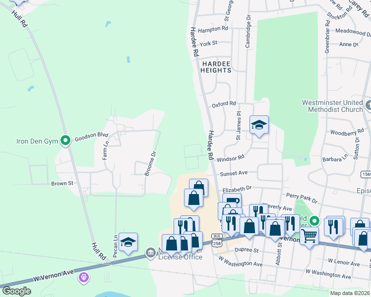 map of restaurants, bars, coffee shops, grocery stores, and more near 1430 North Wilshire Court in Kinston