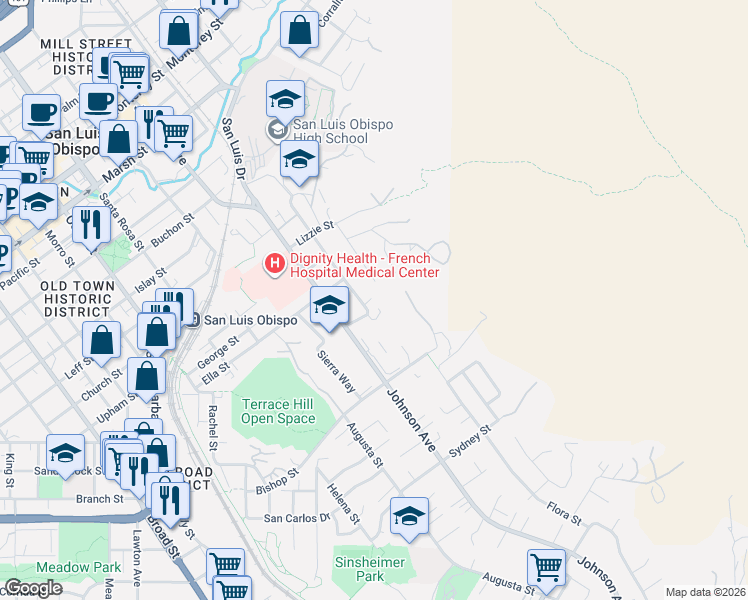 map of restaurants, bars, coffee shops, grocery stores, and more near 2068 Fixlini Street in San Luis Obispo