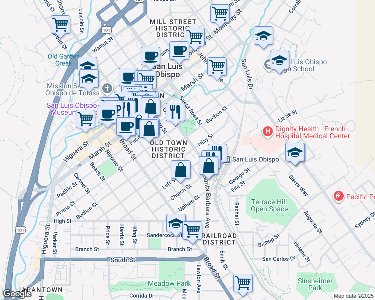 map of restaurants, bars, coffee shops, grocery stores, and more near 1527 Morro Street in San Luis Obispo