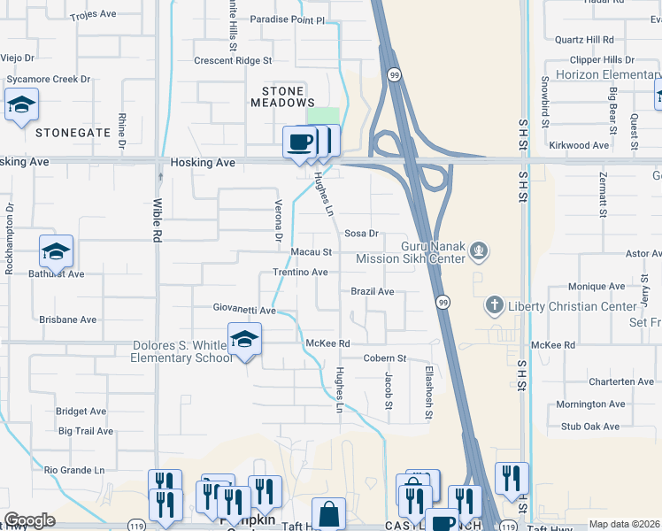 map of restaurants, bars, coffee shops, grocery stores, and more near 2514 Trentino Avenue in Bakersfield