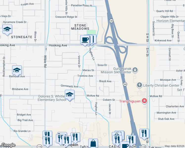 map of restaurants, bars, coffee shops, grocery stores, and more near 2514 Trentino Avenue in Bakersfield
