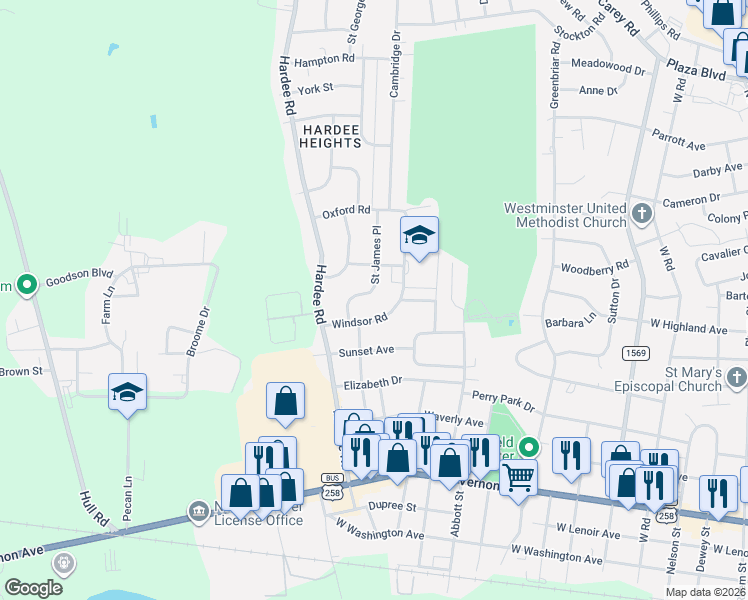 map of restaurants, bars, coffee shops, grocery stores, and more near 1405 Saint James Place in Kinston