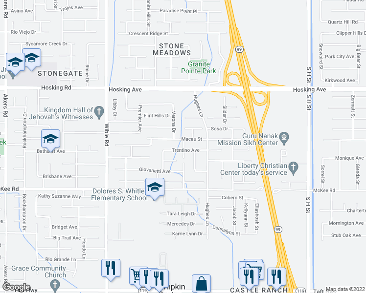 map of restaurants, bars, coffee shops, grocery stores, and more near 8599 Vincenso Way in Bakersfield