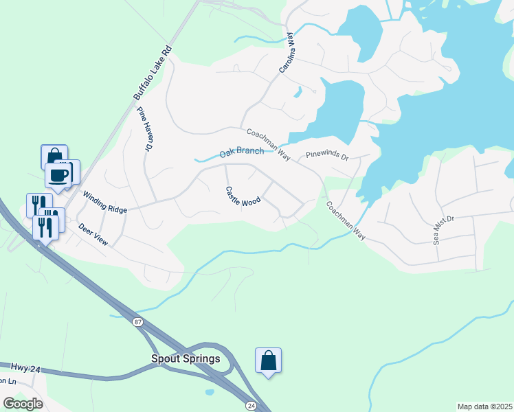 map of restaurants, bars, coffee shops, grocery stores, and more near 166 Castle Wood in Sanford