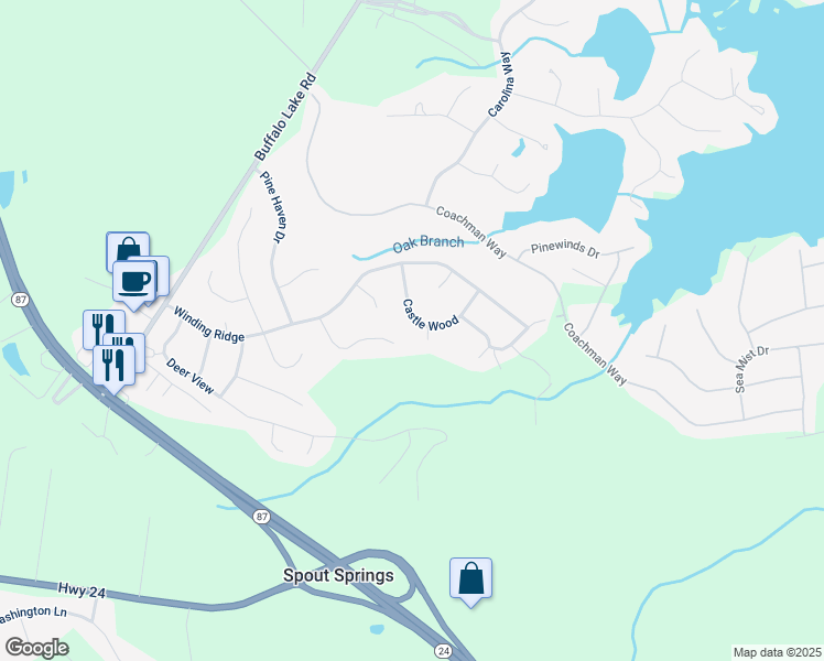 map of restaurants, bars, coffee shops, grocery stores, and more near 108 Castle Wood in Sanford