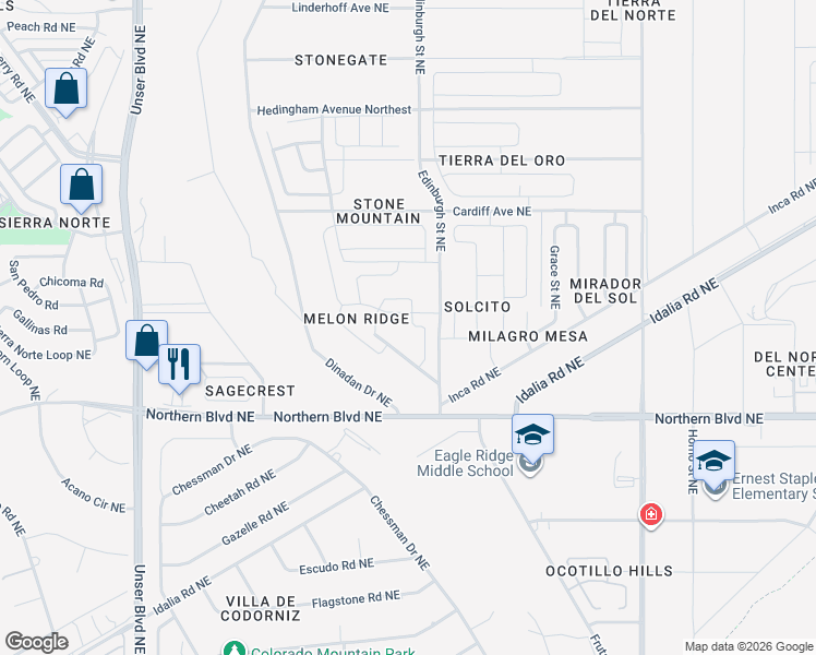 map of restaurants, bars, coffee shops, grocery stores, and more near 2500 Berkeley Avenue Northeast in Rio Rancho