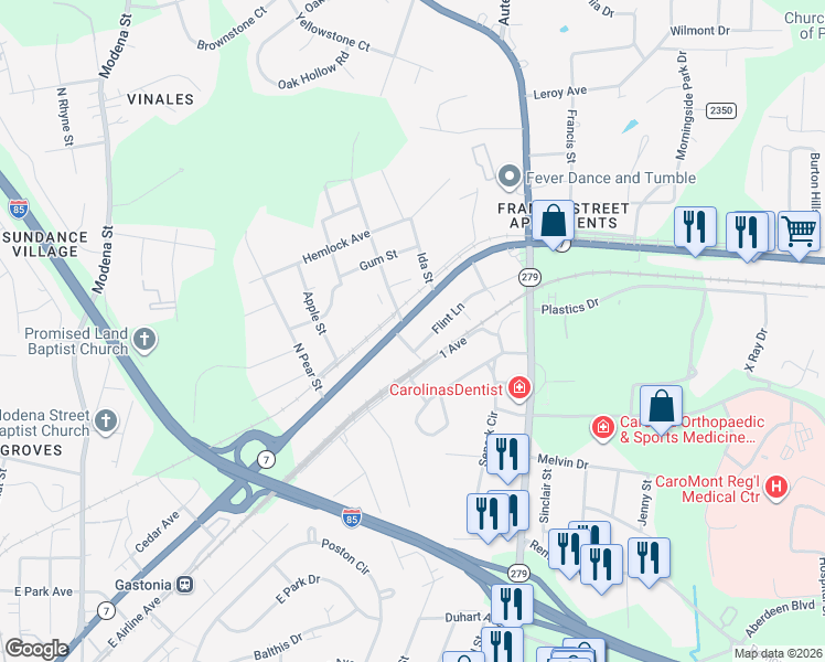 map of restaurants, bars, coffee shops, grocery stores, and more near 1905 Flint Lane in Gastonia