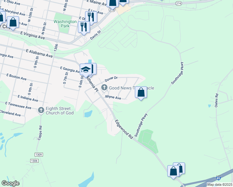 map of restaurants, bars, coffee shops, grocery stores, and more near 128 Terrace Drive in Bessemer City