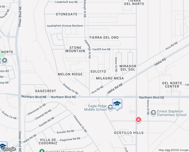 map of restaurants, bars, coffee shops, grocery stores, and more near 2104 Solitaire Street Northeast in Rio Rancho
