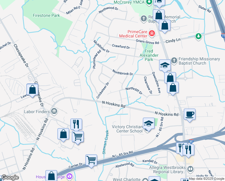 map of restaurants, bars, coffee shops, grocery stores, and more near 1513 Northcliff Drive in Charlotte