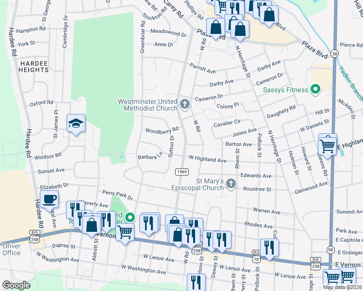 map of restaurants, bars, coffee shops, grocery stores, and more near 1006 Clifton Terrace in Kinston