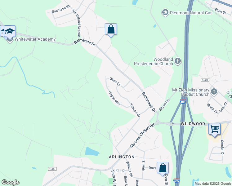 map of restaurants, bars, coffee shops, grocery stores, and more near 10405 Hugue Way in Charlotte