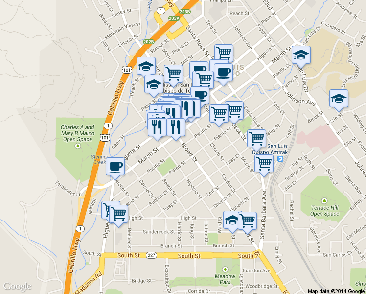 map of restaurants, bars, coffee shops, grocery stores, and more near 1301 Broad St in San Luis Obispo