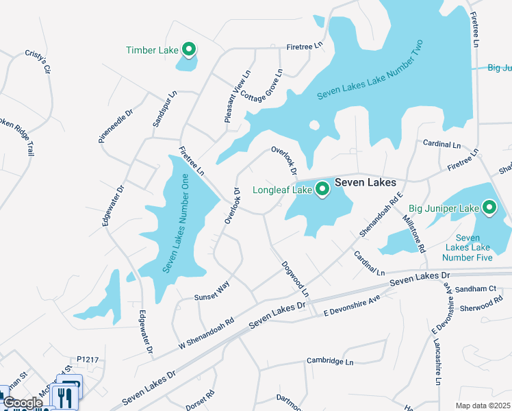 map of restaurants, bars, coffee shops, grocery stores, and more near Firetree Lane in Seven Lakes