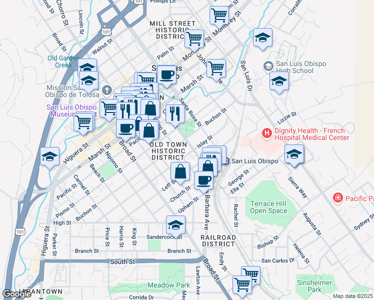 map of restaurants, bars, coffee shops, grocery stores, and more near 1527 Morro Street in San Luis Obispo