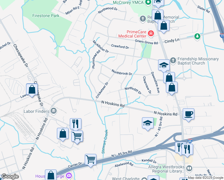 map of restaurants, bars, coffee shops, grocery stores, and more near 1513 Northcliff Drive in Charlotte