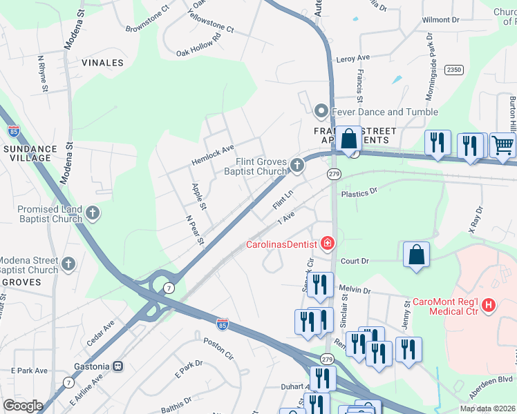 map of restaurants, bars, coffee shops, grocery stores, and more near 1905 Flint Lane in Gastonia