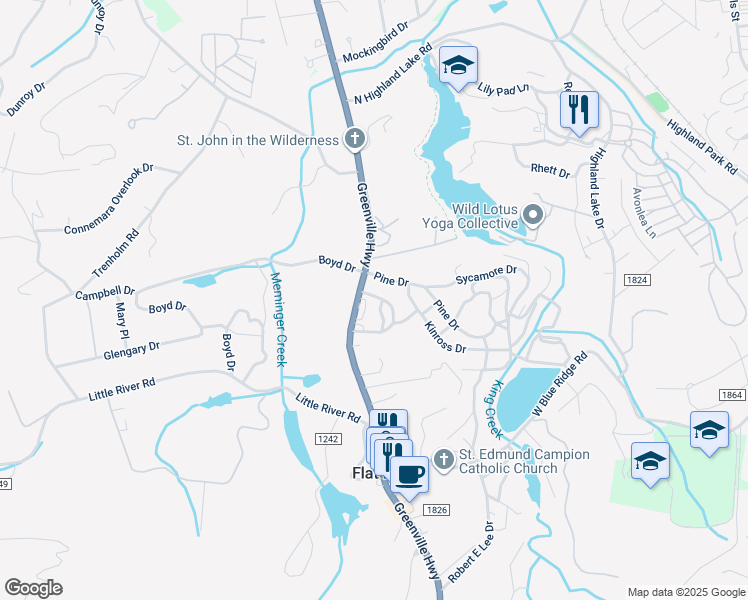 map of restaurants, bars, coffee shops, grocery stores, and more near 92 Bonclarken Lane in Hendersonville
