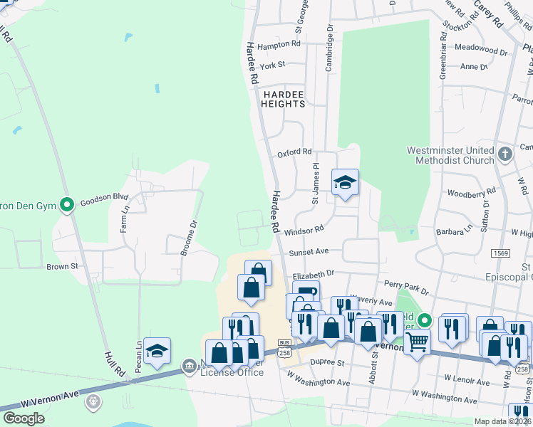 map of restaurants, bars, coffee shops, grocery stores, and more near 1907 Butterfield Lane in Kinston